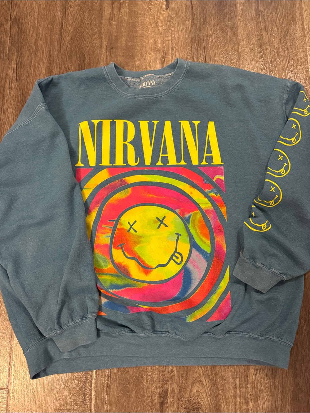 Nirvana Women’s Graphic Crewneck Sweater - Blue with Multicolor Print